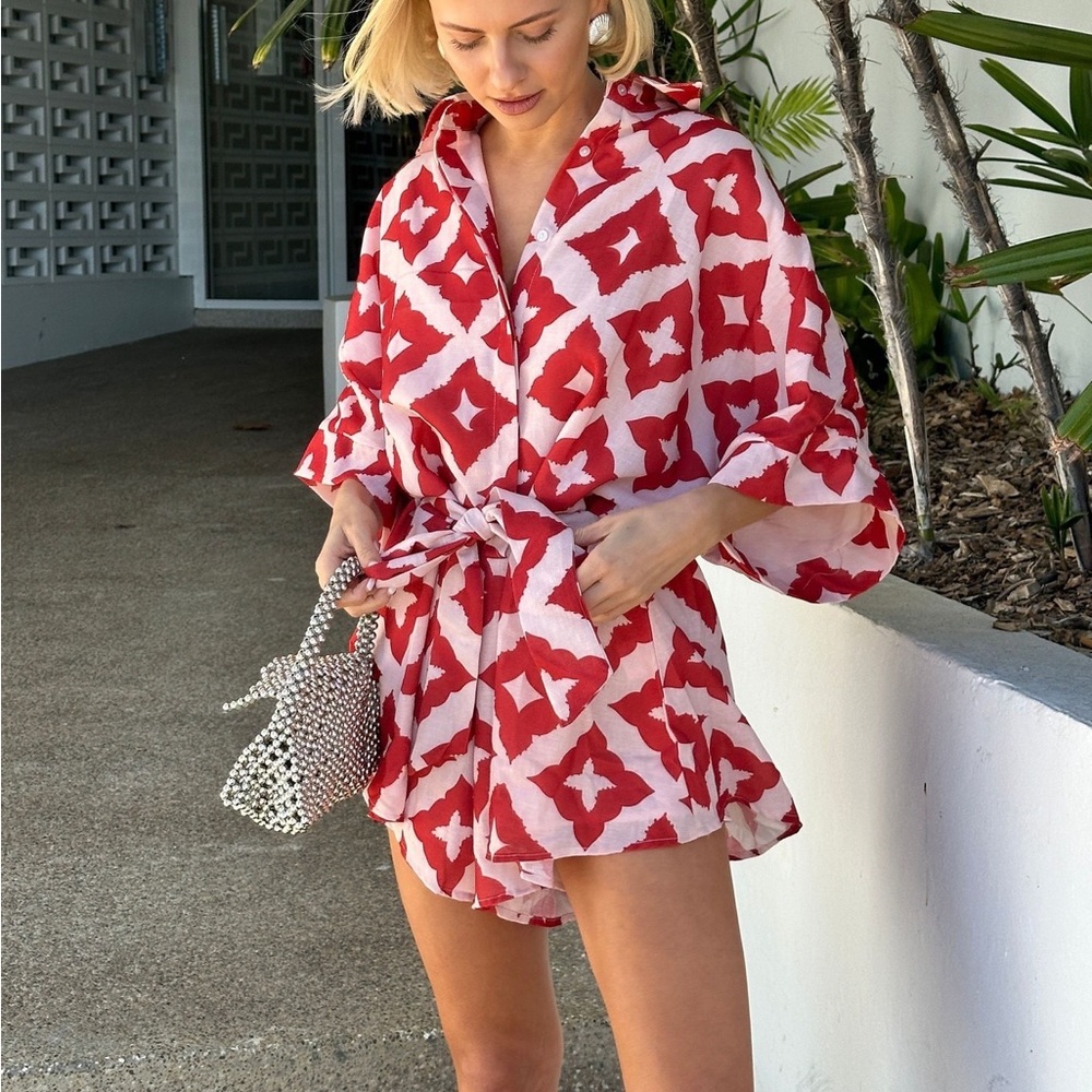 Zimmermann Red & White Patterned Tie-Waist Romper